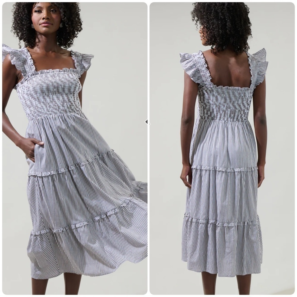 NEW Sugarlips Katie Striped Smocked Bodice Tiered Midi Dress Sz XL Milkmaid Chic - Picture 1 of 16